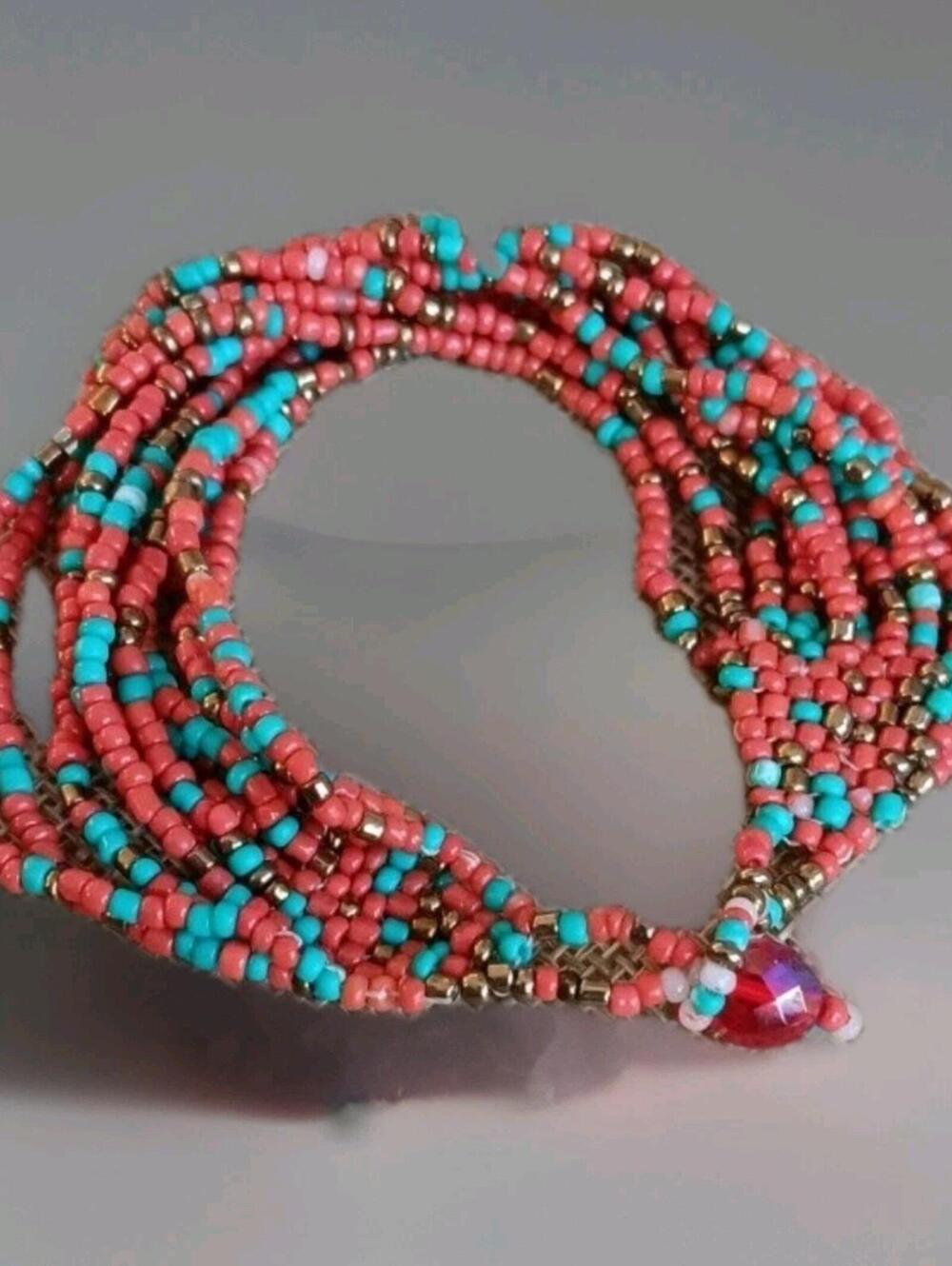 Handmade 12 strand Bracelet W/Coral & Turquoise Glass Or Stone Beads, 6.5"